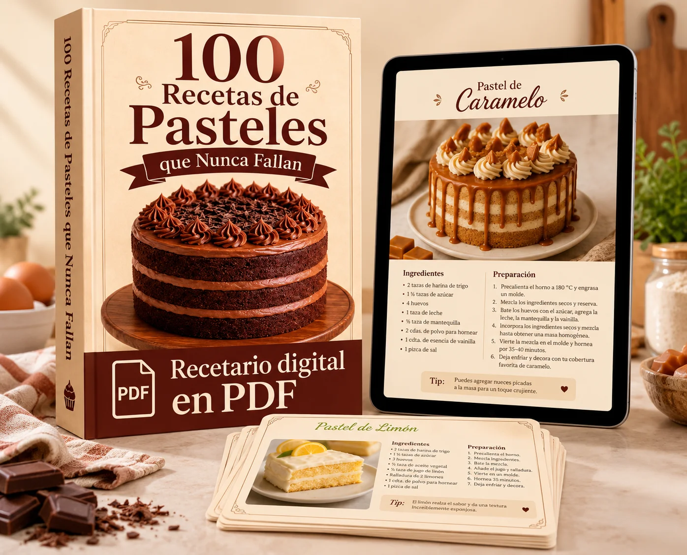 Recetario digital 100 Recetas de Pasteles que Nunca Fallan en PDF, con libro, tablet y tarjetas de recetas