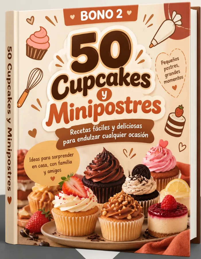 Cuaderno de recetas junto a bandeja de cupcakes y mini postres