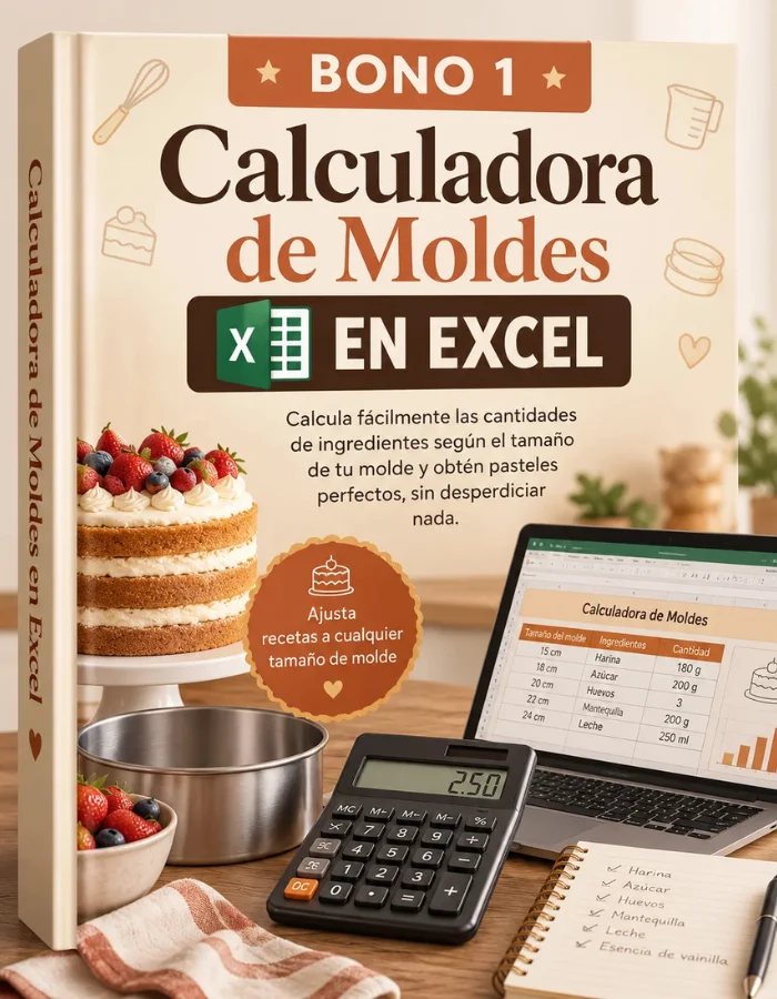 Tablet con tabla de conversión junto a moldes de pastel y cinta métrica
