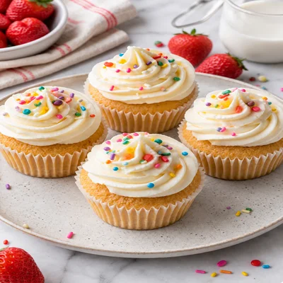 Cupcakes de vainilla decorados con crema y confeti