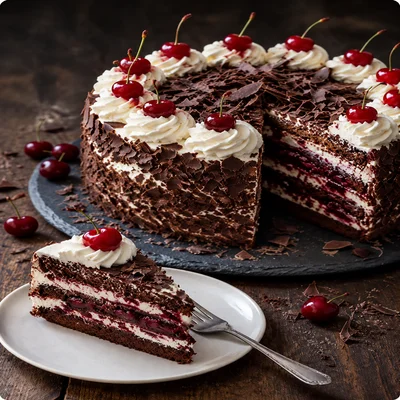 Pastel selva negra decorado con cerezas