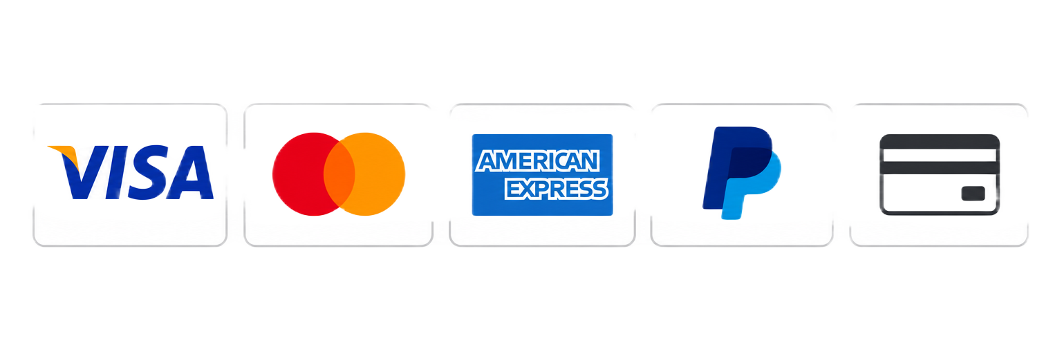 Métodos de pago aceptados: Visa, Mastercard, American Express, PayPal y tarjeta de crédito